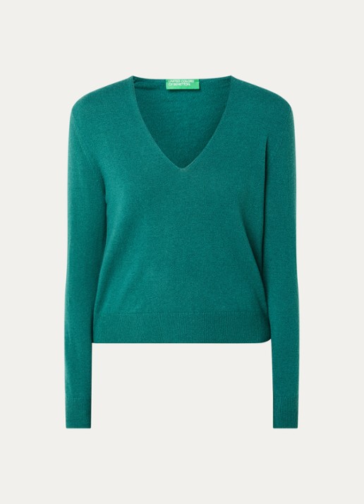 Benetton Fijngebreide pullover van scheerwol met V-hals - voorkant 2 donkergroen