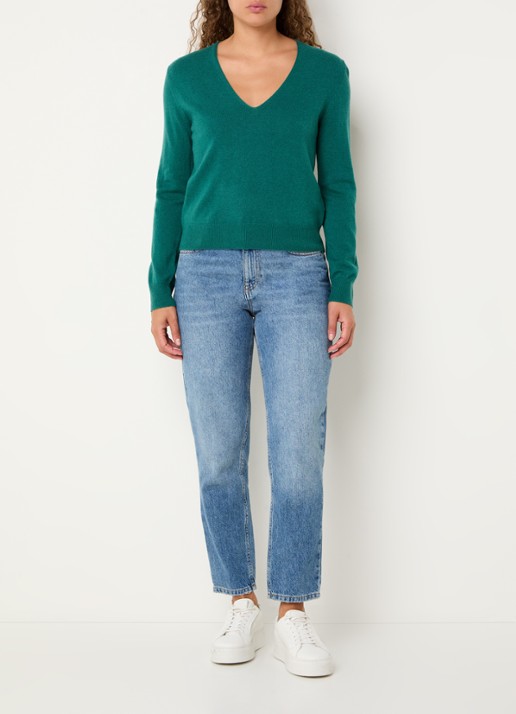 Benetton Fijngebreide pullover van scheerwol met V-hals - voorkant 3 donkergroen