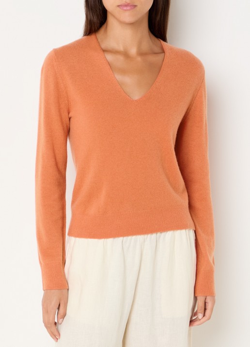 Benetton Fijngebreide pullover van scheerwol met V-hals - detail oranje