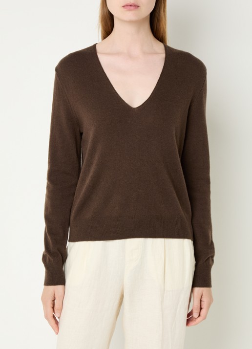 Benetton Fijngebreide pullover van scheerwol met V-hals - detail bruin