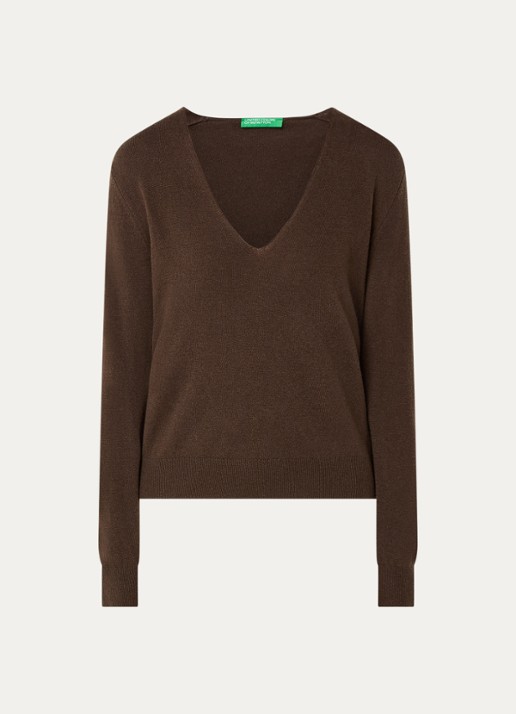 Benetton Fijngebreide pullover van scheerwol met V-hals - voorkant 2 bruin