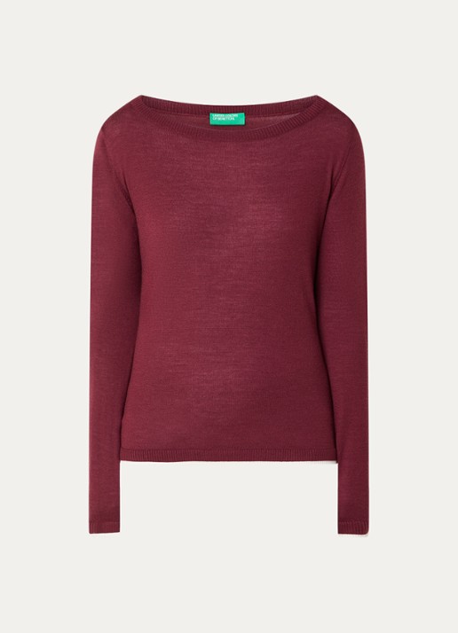 Benetton Fijngebreide pullover van scheerwol - voorkant bordeauxrood