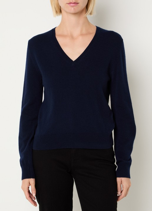 Benetton Fijngebreide trui van wol met V-hals - detail 4 donkerblauw