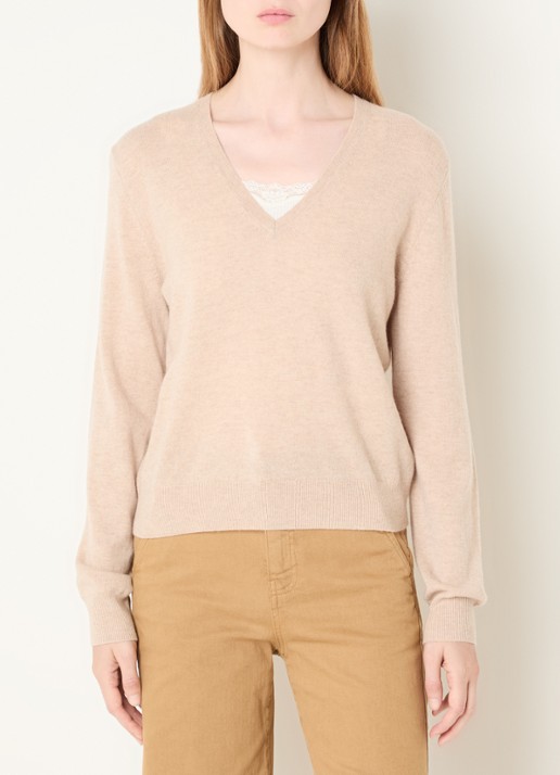 Benetton Fijngebreide trui van wol met V-hals - detail 2 beige