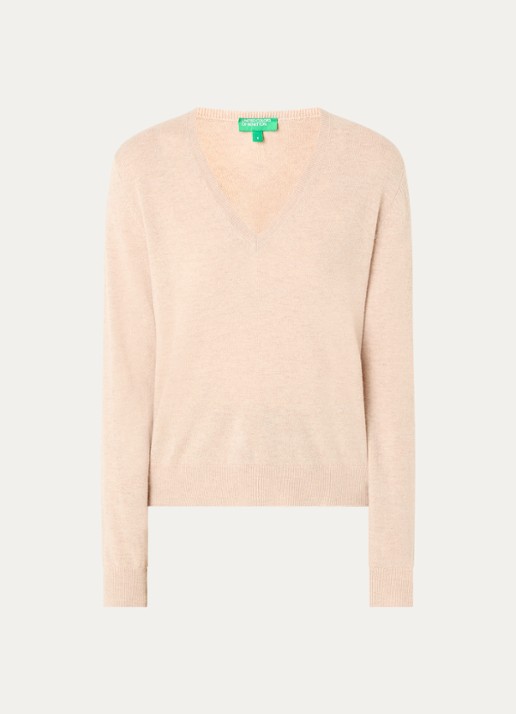 Benetton Fijngebreide trui van wol met V-hals - voorkant 3 beige