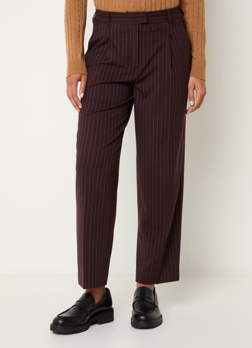 Benetton High waist cropped tapered fit pantalon met krijtstreep - detail roodbruin