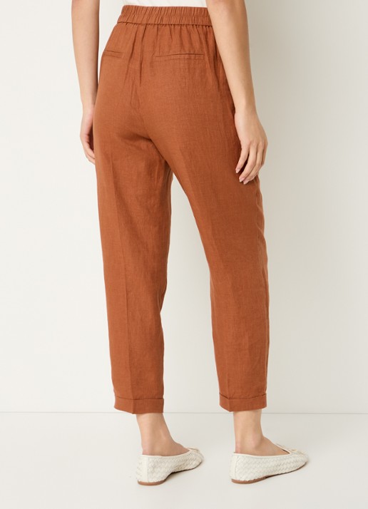 Benetton High waist cropped tapered fit pantalon van linnen - achterkant 3 oranjebruin