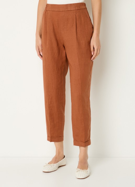 Benetton High waist cropped tapered fit pantalon van linnen - detail 4 oranjebruin
