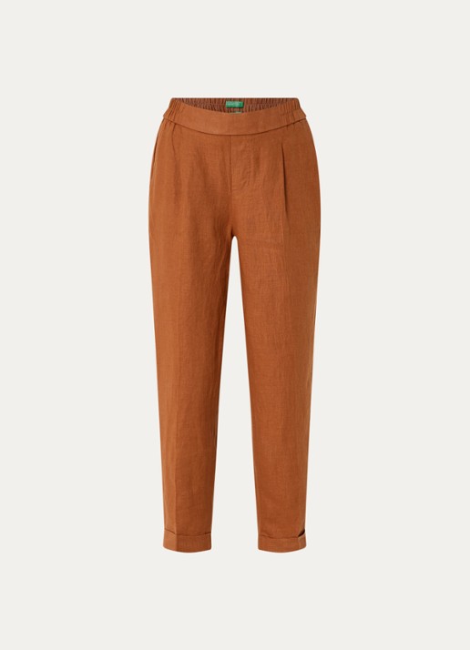 Benetton High waist cropped tapered fit pantalon van linnen - voorkant oranjebruin