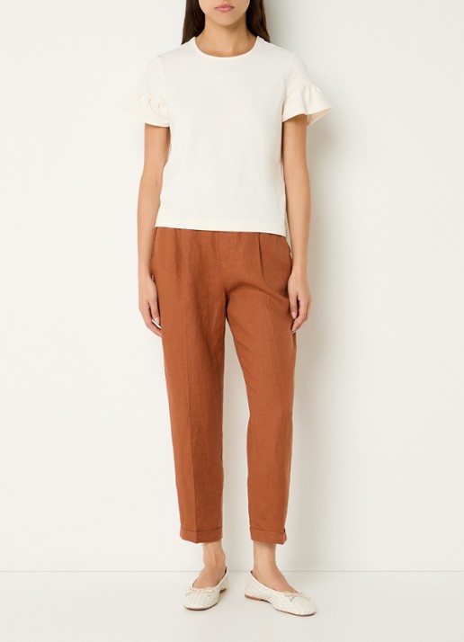 Benetton High waist cropped tapered fit pantalon van linnen - voorkant 2 oranjebruin