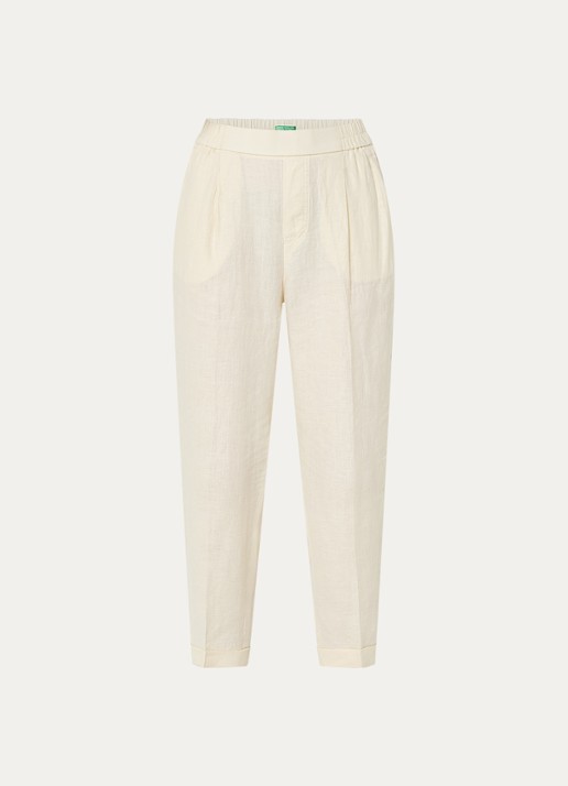 Benetton High waist cropped tapered fit pantalon van linnen - voorkant 3 gebroken wit