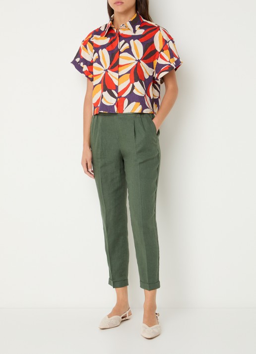 Benetton High waist cropped tapered fit pantalon van linnen - voorkant 2 donkergroen