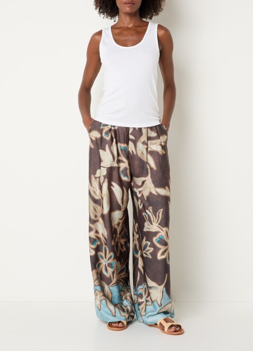 Benetton High waist loose fit broek met bloemenprint - voorkant 3 bruin