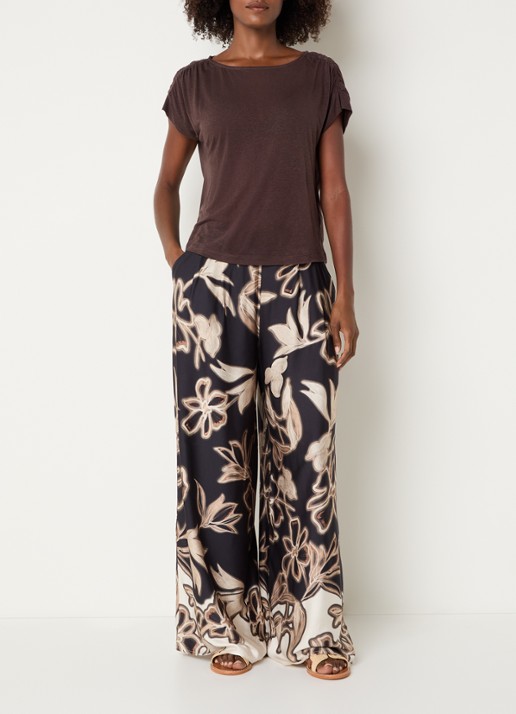 Benetton High waist loose fit broek met bloemenprint - voorkant 3 zwart