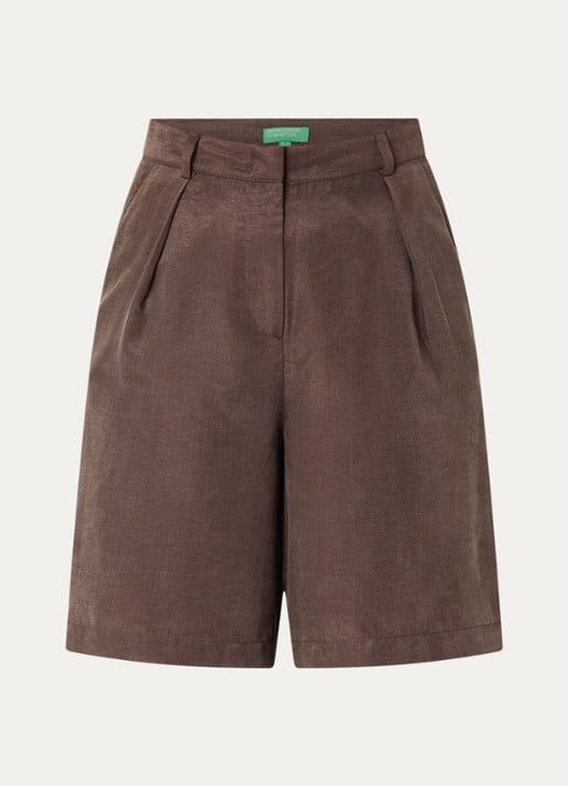 Benetton High waist loose fit korte pantalon met glanzende finish - voorkant kastanjebruin