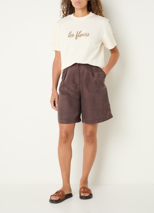 Benetton High waist loose fit korte pantalon met glanzende finish - voorkant 2 kastanjebruin
