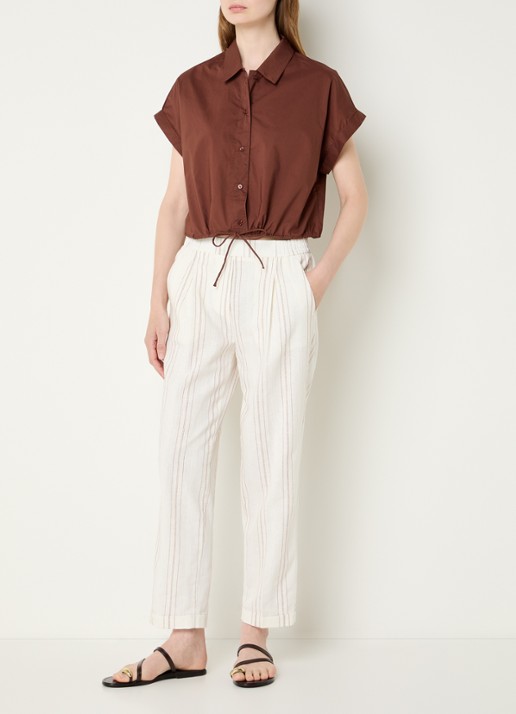 Benetton High waist straight fit broek in linnenblend met streepprint - voorkant 2 gebroken wit