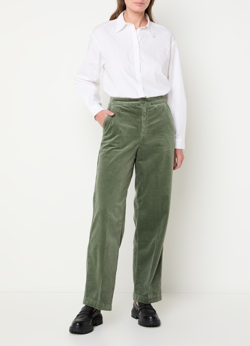 Benetton High waist straight fit broek van corduroy met steekzakken - voorkant 2 groen