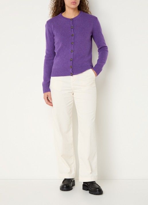 Benetton High waist straight fit broek van corduroy met steekzakken - voorkant 2 ivoor