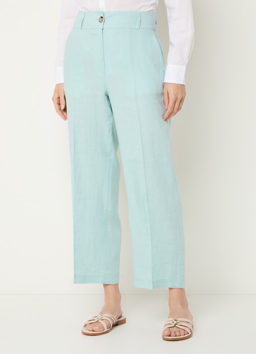 Benetton High waist straight fit croppped pantalon van linnen - detail turquoise