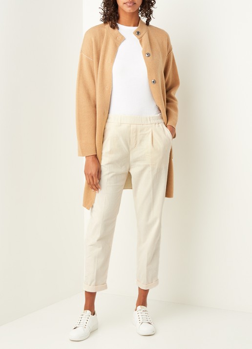 Benetton High waist tapered cropped pantalon van corduroy - voorkant 2 creme