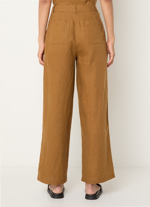 Benetton High waist wide fit chino van linnen met steekzakken - achterkant 2 camel