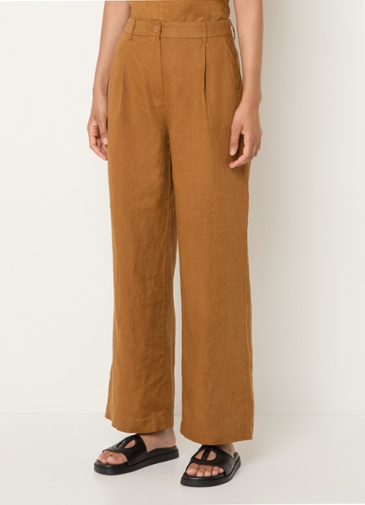 Benetton High waist wide fit chino van linnen met steekzakken - detail camel