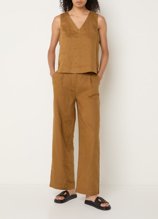 Benetton High waist wide fit chino van linnen met steekzakken - voorkant 4 camel