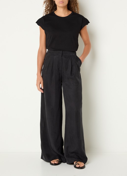 Benetton High waist wide fit pantalon met glanzende finish - voorkant 3 zwart