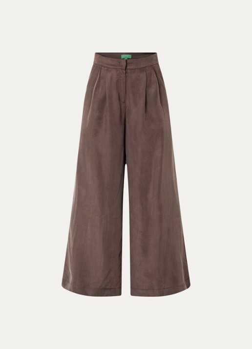 Benetton High waist wide fit pantalon met glanzende finish - voorkant kastanjebruin