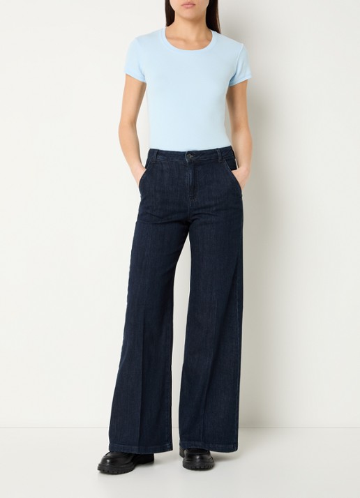 Benetton High waist wide fit pantalon met steekzakken - voorkant 2 donkerblauw