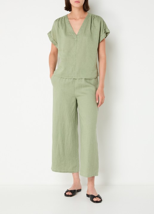 Benetton High waist wide fit pantalon van linnen - voorkant 2 groen