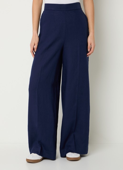 Benetton High waist wide fit pantalon van linnen - detail 4 royalblauw