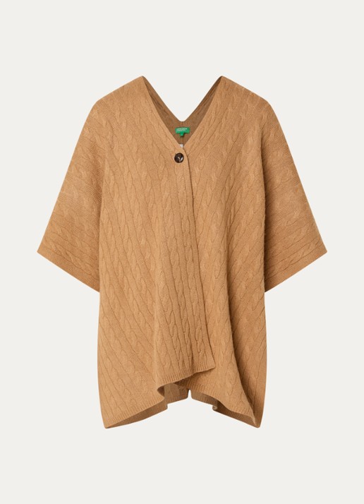 Benetton Kabelgebreide cape in kasjmierblend - voorkant 2 camel