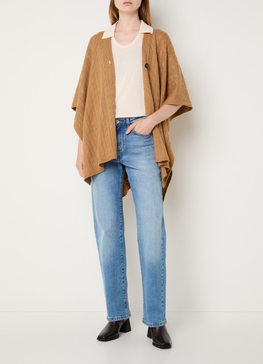 Benetton Kabelgebreide cape in kasjmierblend - voorkant 3 camel