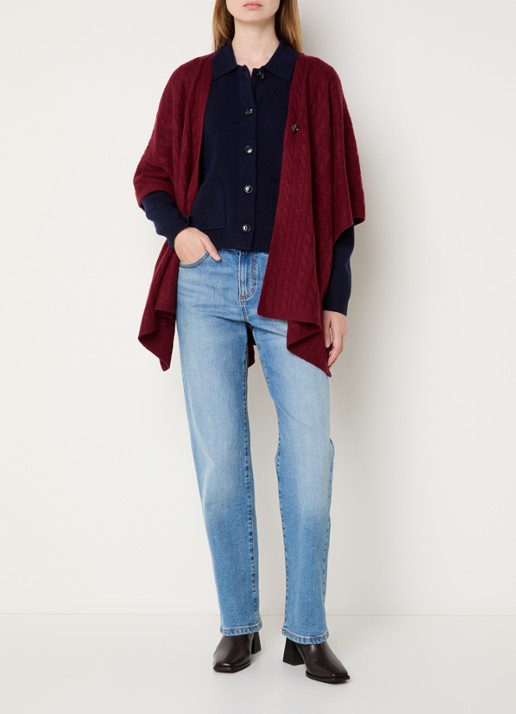 Benetton Kabelgebreide cape in kasjmierblend - voorkant 3 bordeauxrood