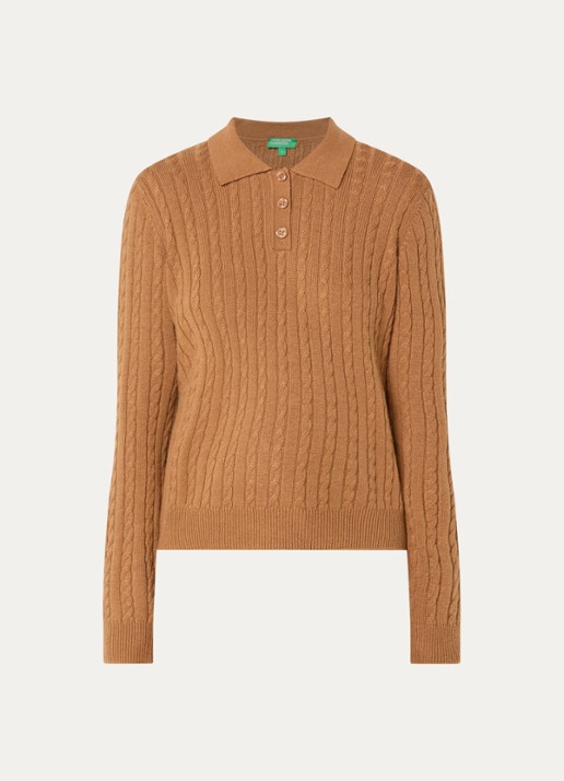 Benetton Kabelgebreide trui in kasjmier wolblend met polokraag - voorkant camel