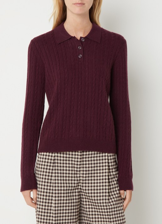 Benetton Kabelgebreide trui in kasjmier wolblend met polokraag - detail aubergine