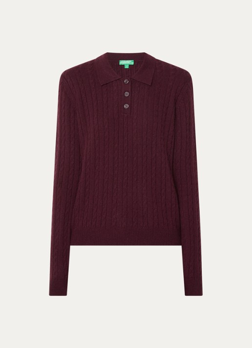 Benetton Kabelgebreide trui in kasjmier wolblend met polokraag - voorkant 3 aubergine