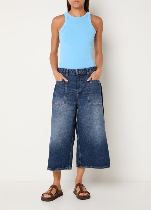 Benetton Low waist wide leg jeans met donkere wassing en opgestikte zakken - voorkant 4 jeans