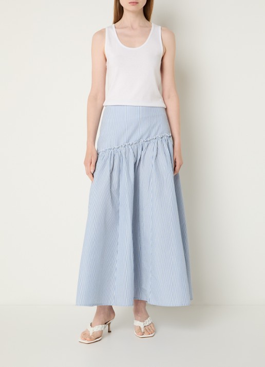 Benetton maxi rok met streepprint - voorkant 2 staalblauw