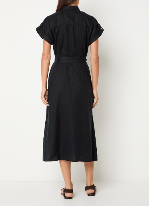 Benetton Midi blouse jurk van linnen met strikceintuur  - achterkant zwart