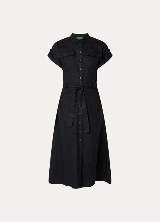 Benetton Midi blouse jurk van linnen met strikceintuur  - voorkant 3 zwart