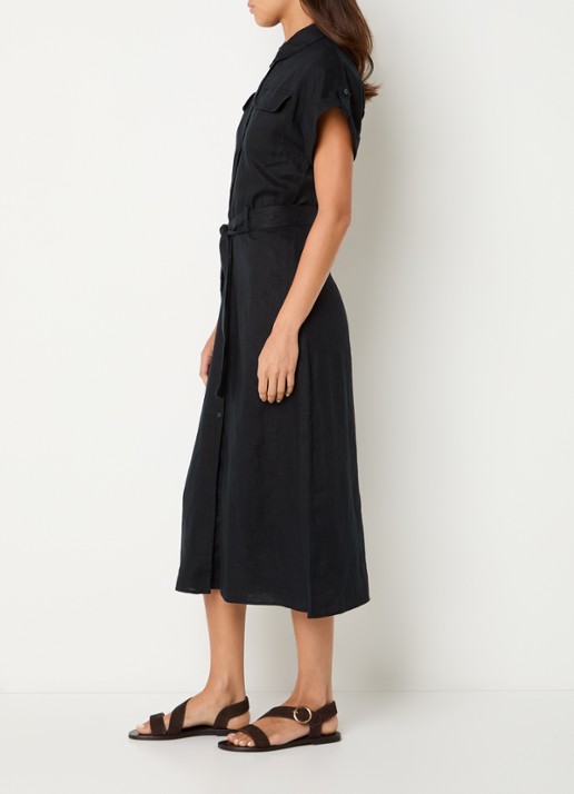 Benetton Midi blouse jurk van linnen met strikceintuur  - voorkant 4 zwart