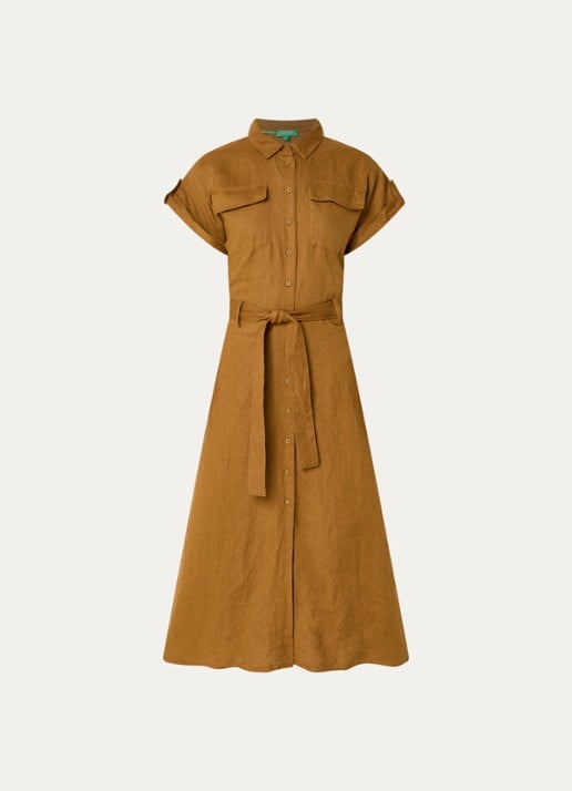 Benetton Midi blouse jurk van linnen met strikceintuur  - voorkant 2 camel
