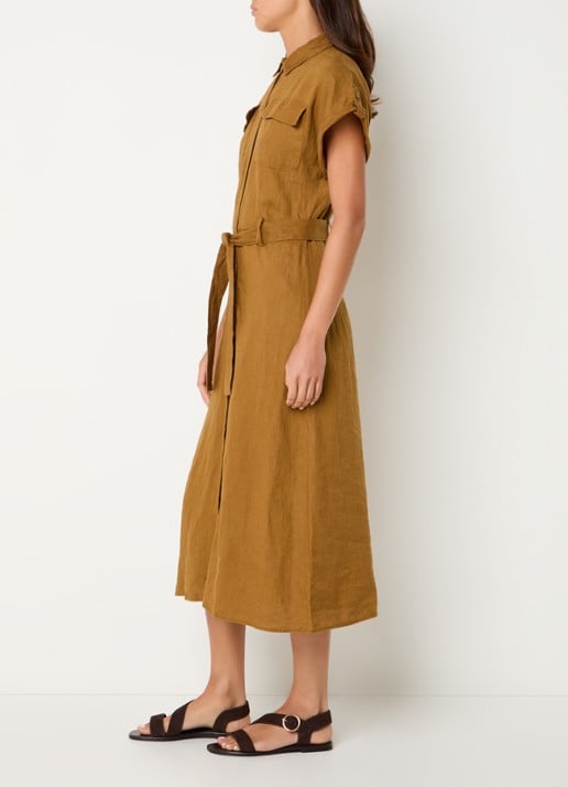 Benetton Midi blouse jurk van linnen met strikceintuur  - voorkant 3 camel