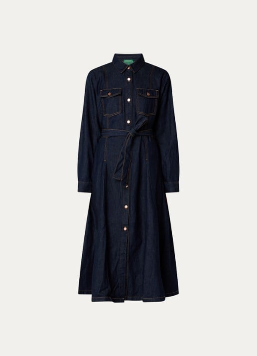 Benetton Midi blousejurk van denim met strikceintuur - voorkant 3 indigo