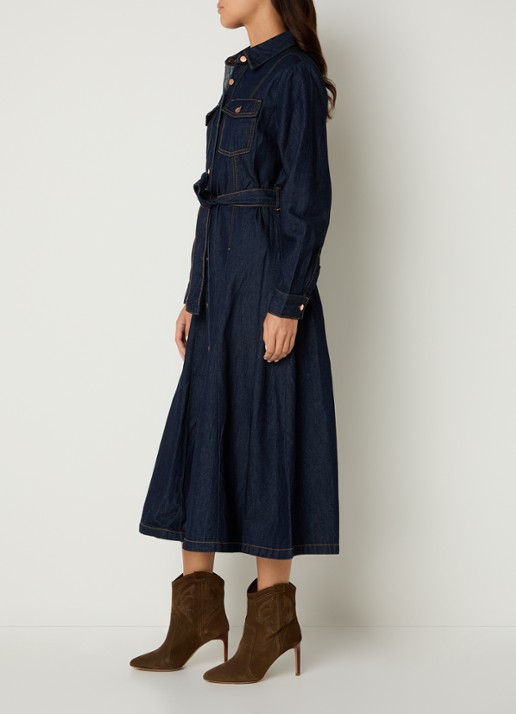 Benetton Midi blousejurk van denim met strikceintuur - voorkant 4 indigo