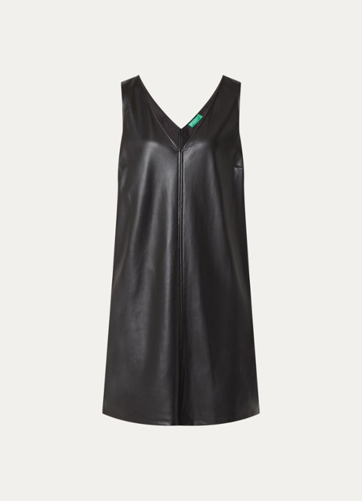 Benetton Midi jurk van imitatieleer met V-hals - voorkant 3 zwart