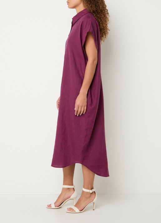 Benetton Midi jurk van linnen met steekzakken - voorkant 3 aubergine